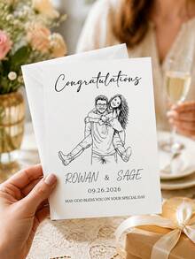 1PC Personalized Custom Wedding Card Couple Line Art Drawing From Photo, Elegant Bride Groom Portrait Illustration Congratulations Greeting With Envelope, Rustic Wedding Day Gift For Newlyweds Engaged Couples Friends Sister - Multicolor - View 5