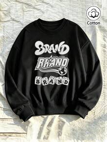 Street Style Black Round Neck Pullover Sweatshirt With BRAND Letter Print, Planet Graphic & Chain Detail For Young Adults, Loose Fit, - Black - View 1