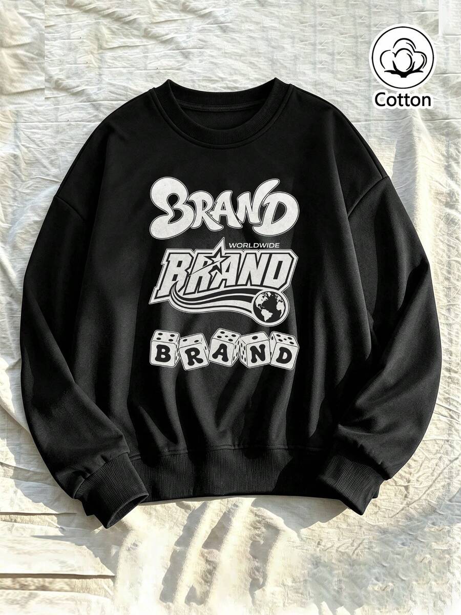 Street Style Black Round Neck Pullover Sweatshirt With BRAND Letter Print, Planet Graphic & Chain Detail For Young Adults, Loose Fit, - Black - View 1