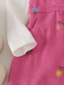 2pcs Baby Girl Cute Flutter Sleeve Ribbed Top & Embroidered Corduroy Pinafore Dress Set, Lightweight Spring/Autumn - White - View 9