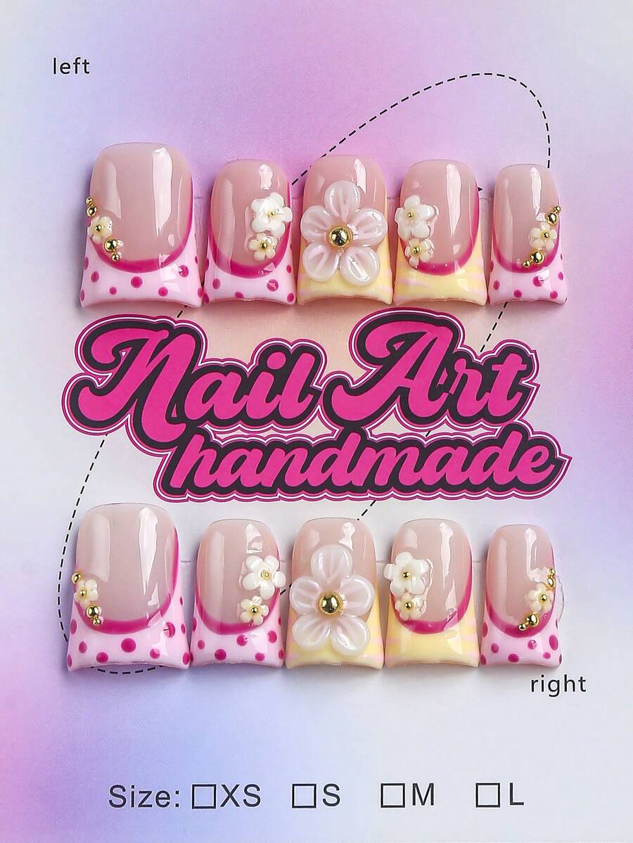 10 piezas de uñas postizas cuadradas con forma de pato hechas a mano, estilo Y2K, nude, amarillo, rosa con lunares, punta francesa, flor 3D blanca y amarilla con decoración dorada, adecuadas para fiestas, baile, uso diario, incluye juego de herramientas, regalo perfecto para mujeres - Multicolor - Ver 1