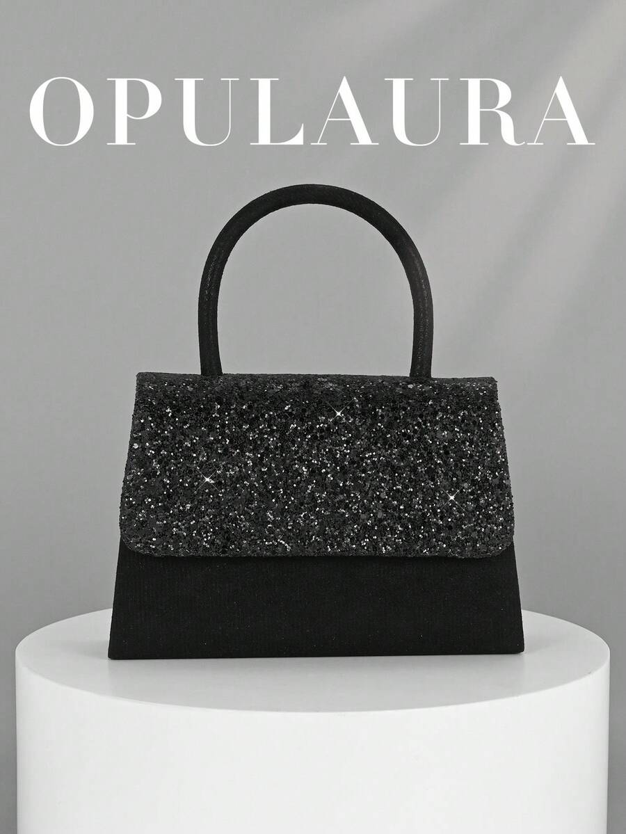 OpulAura 女士时尚闪光翻盖派对手拿包,奢华闪亮晚宴包,正式手提包,适合舞会、婚礼、派对、宴会、生日活动、伴娘礼物、新娘手拿包 - 黑色 - 查看 1