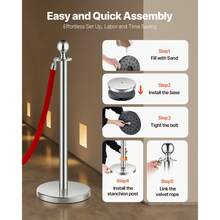 Stanchion Post, 6 Pcs Crowd Control Barrier Set With 3 Red Velvet Ropes, 5 Ft Stainless Steel Silver Stanchion Post Queue With Sand Injection Hollow Base For Theater, Party, Wedding, Exhibition - 6 Pcs - View 4