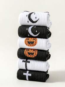 6 Pairs Women Halloween Crew Socks, Cute Pumpkin Moon Cross Patten Mid‑Calf Socks, Fall Festival Casual Sport Socks, Halloween Daily Weas Random - Multicolor - View 3