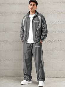 Men's Colorblock 2 Pieces Sports Set Jacket And Pants Casual Activewear - Dark Grey - View 5