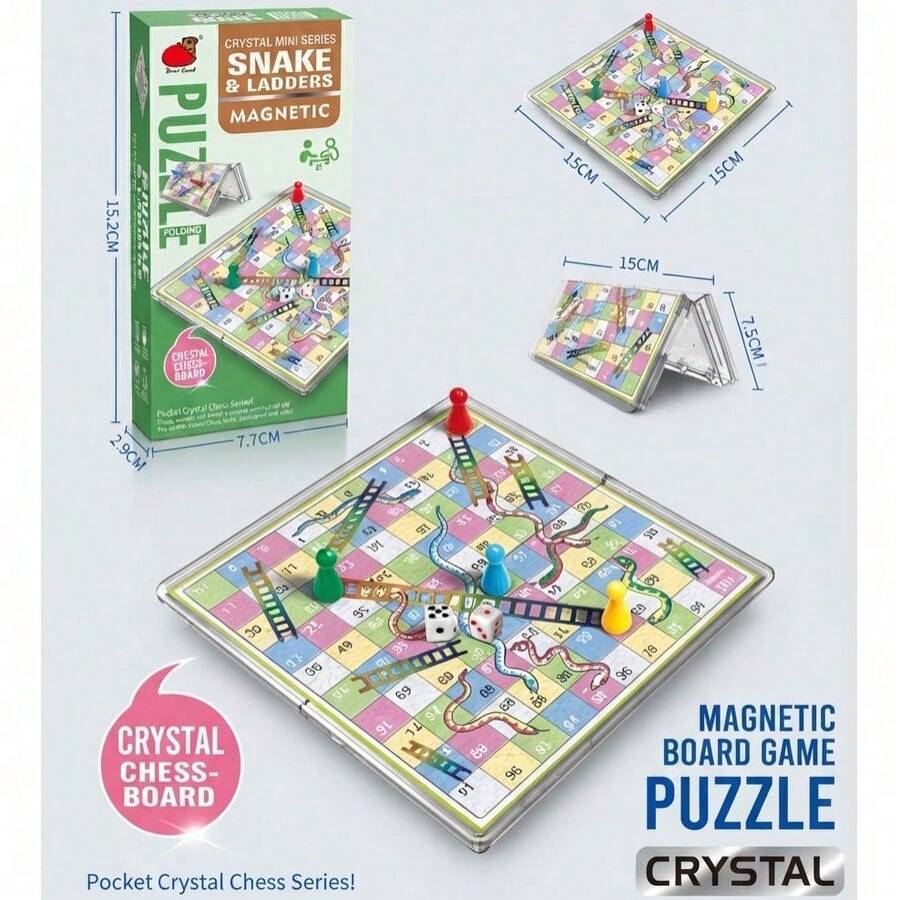 Classic Snakes And Ladders Magnetic Board Game, Foldable Crystal Chess Board Set, Retro Tabletop Puzzle Game, Mini Portable Board Game For Travel Camping Family Friends Party - Multicolor - View 1