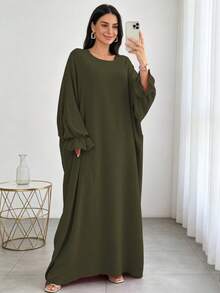 1 buah Gaun Muslim Lengan Manset Motif Bunga Warna Polos, Cocok untuk Pakaian Sehari-hari Wanita, Jalan-jalan, Sholat, Sepanjang Musim - MultiWarna - View 18
