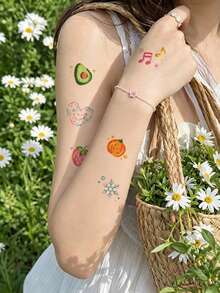 1 Sheet Color Pencil Hand‑Drawn Mini Mixed Temporary Tattoo Stickers, Assorted Fruit Snowflake Music Note Cloud‑Heart Small Designs, Waterproof Body Art Decals, Apply On Wrist, Forearm, Collarbone, Upper Arm, Fresh Sweet Ins‑Style Daily Decor - Multicolor - View 4