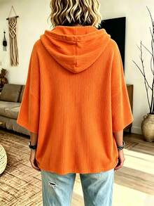 Plus Size Women's Regular Length Hooded Knit Top, Fitted 3/4 Sleeve, With Drawstring Detail, Suitable For Autumn Wear - Orange - View 2