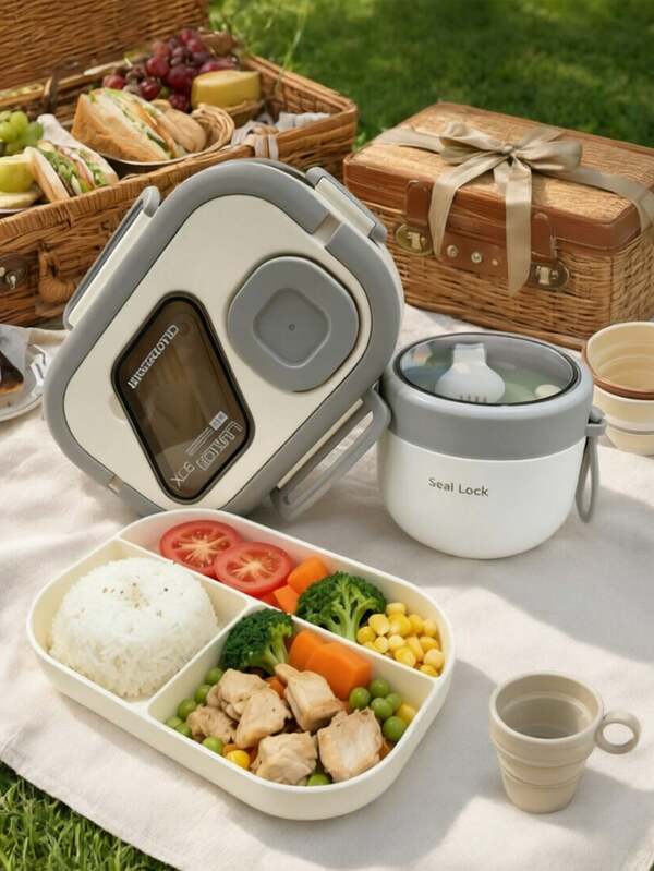 SEAL LOCK Compartment Bento Box Set With Handle, Leak-Proof Sealed Lunch Box With Soup Bowl Combination, Large Capacity Portable Meal Container For Students, Office Workers, Outdoor Picnic, Home And Travel Food Storage, Compatible With Insulated Bag, Lunch Box + Soup Bowl Set, Dual Use For Commute And Picnic