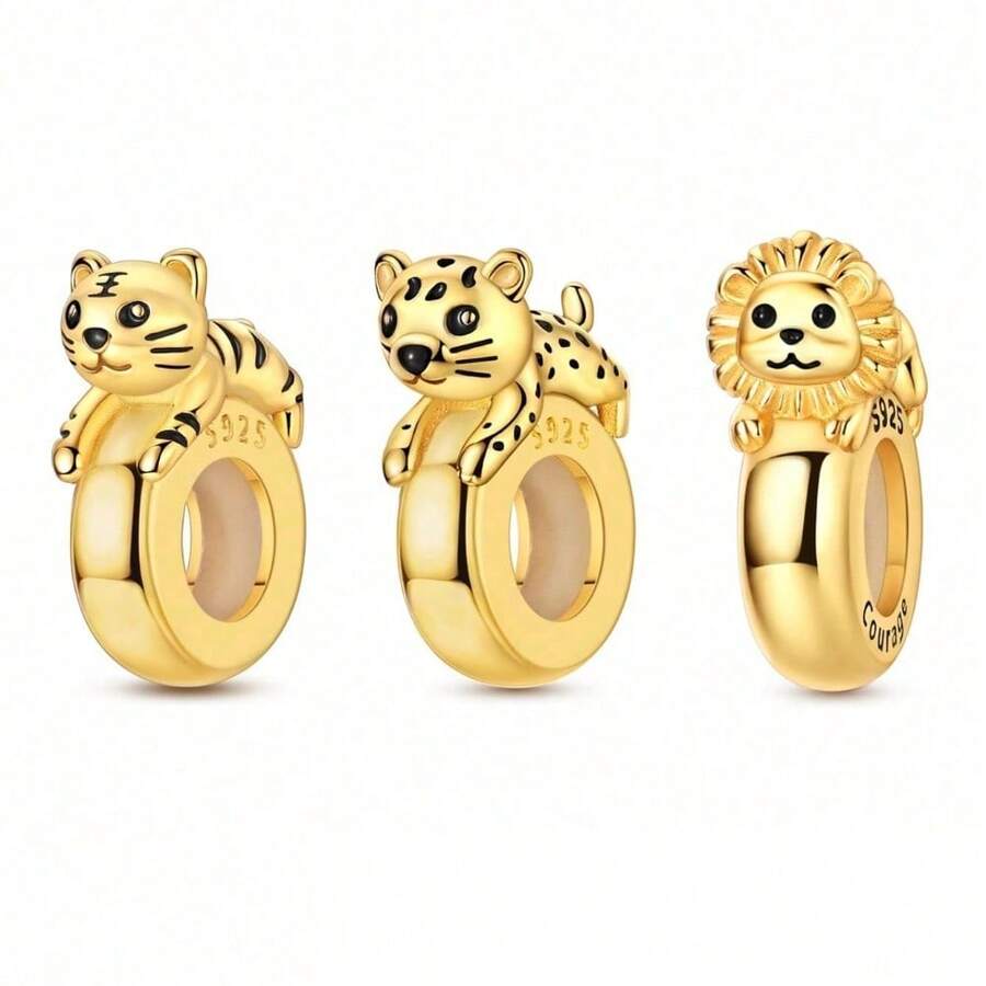 1pc Silver Plated Fierce Beast Spacer Bead, 3D Tiger Leopard Lion Crouching Design, Engraved Decoration Anti-Slip Positioning, Suitable For Basic Bracelets, Personalized , Ideal For Handmade DIY Beading And Holiday Gift Wearing - Gold - View 1