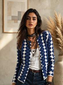 Bohemian Style Spring/Autumn New Women's Knit Cardigan Sweater, Preppy Vacation Elegant Casual Top - Blue - View 2