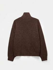 Sweater Rajut Hangat Longgar Berkerah Tinggi untuk Musim Gugur/Dingin, Bahu Jatuh, Atasan Pullover Tebal Lembut Bergaris, Pakaian Rajut Serbaguna Minimalis untuk Perjalanan Sehari-hari dan Berlapisan - Coffee Brown - View 6