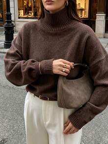 Sweater Rajut Hangat Longgar Berkerah Tinggi untuk Musim Gugur/Dingin, Bahu Jatuh, Atasan Pullover Tebal Lembut Bergaris, Pakaian Rajut Serbaguna Minimalis untuk Perjalanan Sehari-hari dan Berlapisan - Coffee Brown - View 4