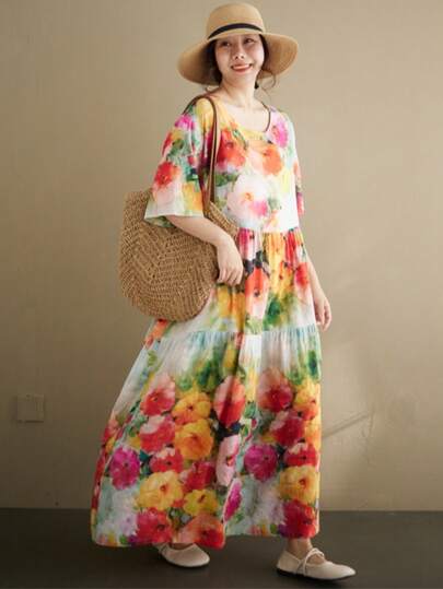 AZAH Plus Size Women's Round Neck Short Sleeve Printed Maxi Dress, Bohemian Style Casual Vacation Dress, Fitted And Elegant Summer
