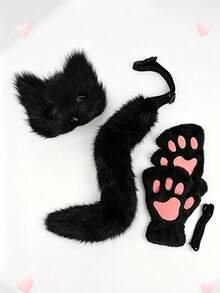 Realistic Cat Ear & Fox Tail Set, Anime Animal Ear Tail Mask & Glove Combo. Plush Realistic Animal Ears With Fluffy Tail And Decorative Mask, Elastic Material For Comfortable Wear. Suitable For Anime Conventions, COSPLAY Role Play, Theme Parties, Music Festival Outfits. Cute & Eye-Catching Personalized Gift,Halloween - A - View 3