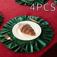 1/2/4pcs Christmas Velvet Round Ruffle Placemats, Nordic Country Style Table Mats - Green - View 8