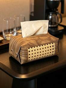 1pc Wood‑Grain Rattan Splicing Tissue Box Cover, Retro PU Leather Rectangular With Hollow Woven Panel & Snap Button, Dust‑Proof Storage Make Up Storage Organiser Desktop Decor, For Living Room Bedroom Hotel Daily Use All‑Season Household Ornament - Multicolor - View 7