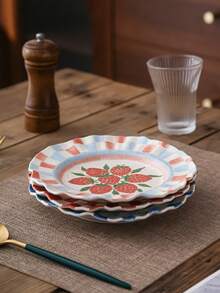 Vintage Wavy Edge Ceramic Jewelry Tray, Hand-Painted Fruit Print With Checkerboard Border, Retro Spotted Decorative Jewelry Dish, Desktop Ring & Earring Storage Rack, Vanity Home Decor - Multicolor - View 6