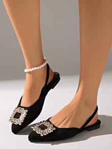 Black Suede Square Rhinestone Buckle Pointed Toe Back Strap Flat Shoes Women's Rhinestone Square Buckle Low Vamp Party Mule Shoes - Black - View 4