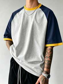 Camiseta de bloques de color vintage para hombres, tela de punto transpirable, diseño de cuello redondo regular, adecuada para uso diario - Gris - Ver 2