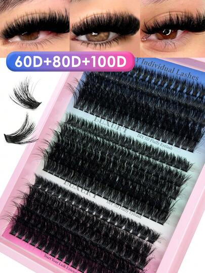 Hinarin 280 Pcs D Curl Fluffy Lash Clusters Cluster Eyelash Extensions Thick 60D+80D+100D Individual Lashes Cluster Wispy 9-16mm Mix DIY False Eyelashes Extension Diy At Home Lash Clusters