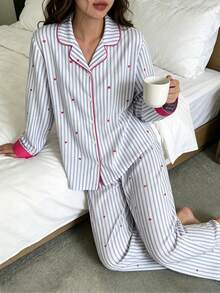 Nina Bonheur 2pcs/Set Women's Loose Comfortable Breathable Striped Long Sleeve Long Pants Cute Pajama Set - Blue - View 3