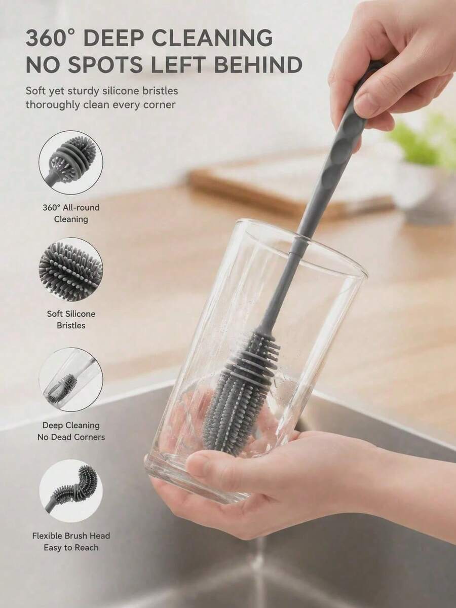 1pc Multi-Function Long Handle Silicone Cleaning Brush, Long Handle Design, No Electricity Required, Multi-Function Cleaning Brush, Suitable For Kitchen, Furniture, Can Deep Clean Coffee Cups, Water Bottles, Etc., Suitable For All Surfaces, Can Clean Cups And Bottles, Reusable, Ideal For Kitchen And Bathroom.