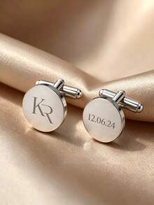 [ZzAi Custom]1 Set Customized Cufflinks And Tie Clip, Square And Round Cufflinks, Customized Text, Name, As Men's, Holiday Gift, Christmas Gift, High-End Customization, Wedding Gift - Round Style - View 4