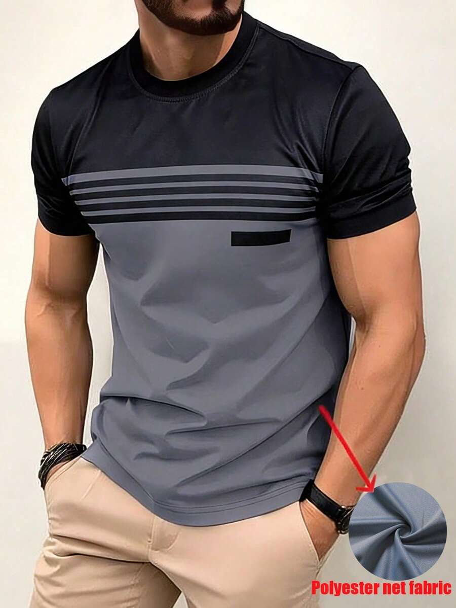 New Summer Men's Sports T-Shirt | Black & Grey Color Block Stripes, Loose Fit | Breathable & Comfortable, Versatile For Running - Grey - View 1