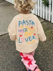 1件女嬰可愛長袖T恤，「PASTA LOVER CLUB」印花，柔軟面料，休閒風格 - 杏色 - 查看 1