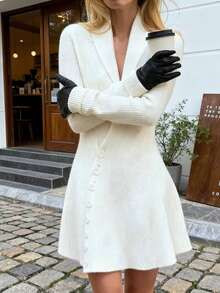 Elegant Women's White Knit Wrap Sweater Dress, Button Design, Long Sleeve Short Flared Hem, Perfect Choice For Autumn - Light Apricot - View 11