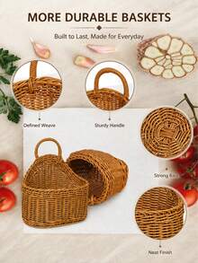 1pc Woven Rattan-Style Hanging Storage Basket With Handle, Wall-Mounted Organizer For Bathroom, Bedroom, Entryway & Office, Rustic Boho Wicker Basket For Toiletries, Accessories, Stationery & Home Decor,Room Decor,Back To School,Autumn Home Decor - Multicolor - View 5