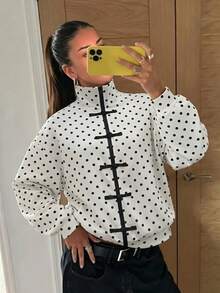 Jaket Polkadot Kancing Depan Gaya Cina Retro Elegan untuk Wanita, Jaket Kemeja Polkadot Blok Warna untuk Liburan Musim Gugur dan Musim Dingin, Cocok untuk Kembali ke Sekolah atau Liburan. - Putih - View 3