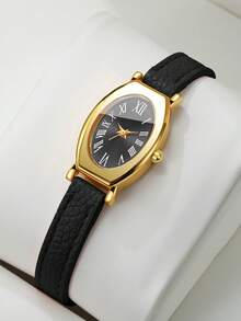 Women's Gift Watch With Embossed PU Leather Strap, Oval Roman Numeral Dial, Luxury Niche Wristwatch, Gift For Best Friend (1pc/Set), Watch Box Not Included - Black - View 10