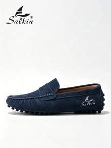 Salkin 设计师时尚男士一脚蹬乐福鞋，柔软仿麂皮休闲鞋，铆钉设计，防滑橡胶鞋底，适合驾驶、商务、派对、婚礼、春夏/秋季，加大码，多种颜色可选，请选择大一码时尚秋季 - 深藍色 - 查看 1