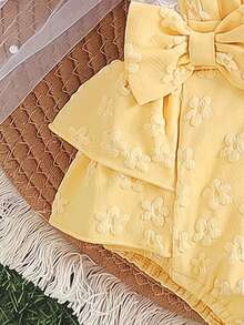 Set 2 Potong Bayi Perempuan Kasual Lucu Motif Bunga Bordir Huruf Romper dan Pita Hiasan Ruffle, Cocok untuk Pemakaian Sehari-hari dan Pesta - Kuning - View 5