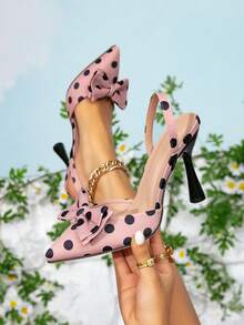 Women Pointed Toe Polka‑Dot Satin Slingback Heels, Bow Decor Slingback Pumps, Elegant Evening Party Dress Sandals - Pink - View 6