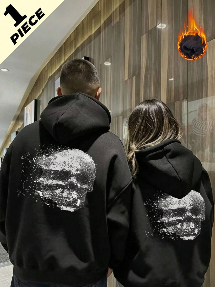 Autumn Winter Unisex Hoodie With White Skull Print On Back, Loose Fit Long Sleeve Y2K - Black - View 1