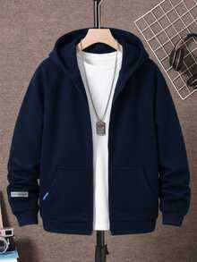 1 pieza Chaqueta con capucha con cremallera de unicolor de forro polar informal para niños preadolescentes, cálida - Azul Marino - Ver 6