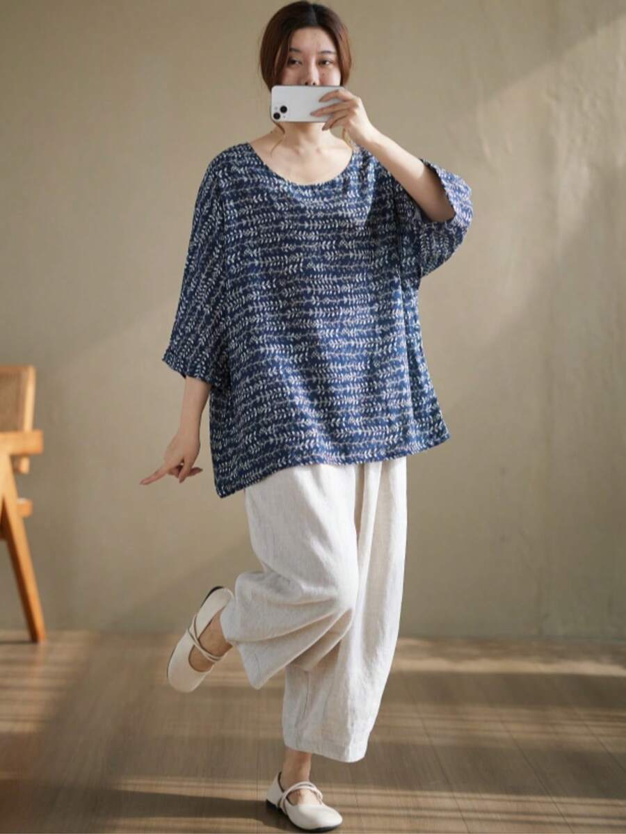 Halloween Women's Loose Blue Pullover Top, Casual Daily Wear, Batwing Sleeve Short Sleeve Round Neck Regular Fit Shirt, Multi-Purpose Regular Length - Royal Blue - View 1
