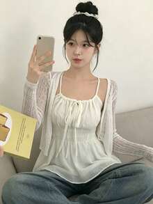 Women's Solid Color Bowknot Front Design Camisole, Fresh Style For Spring/Summer Casual White - White - View 5