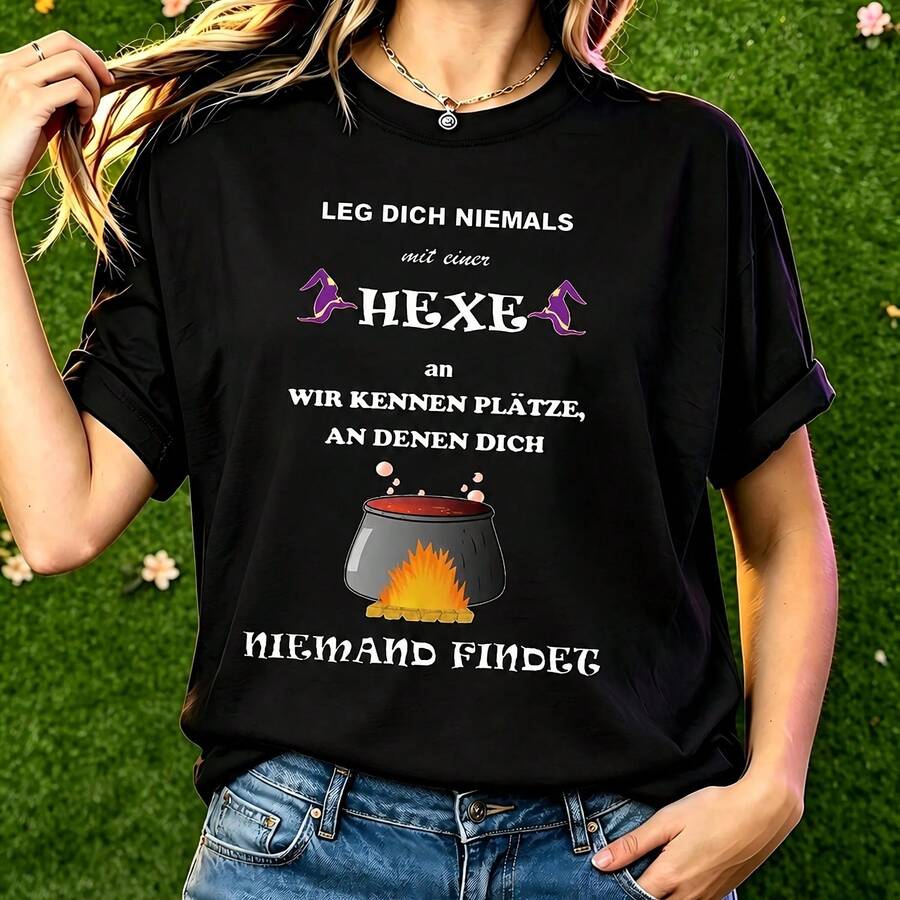 Halloween Women's T-Shirt Funny Halloween Witch Cauldron Graphic Print Black Casual Short Sleeve Cotton T-Shirt - Black - View 1