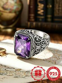 S925 Sterling Silver Vintage Scroll Carved Square Purple Zirconia Men's Wide Ring, Distressed Relief Design, Personalized Ring Gift Box Set - Silver - View 6