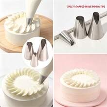 Russian Piping Tips Set, V-Shape Wave Cake Nozzles, Stainless Steel Icing Tool For Cupcakes Cookies, With Cleaning Brush - 3pcs Silver V-shaped Piping Tips + Cleaning Brush - View 5