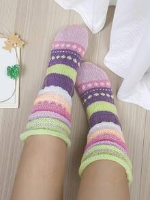 1 Pair Women's Winter Striped Ruffle Long Socks, Fairland Style, Thick Soft Warm Y2K Retro - Multicolor - View 9