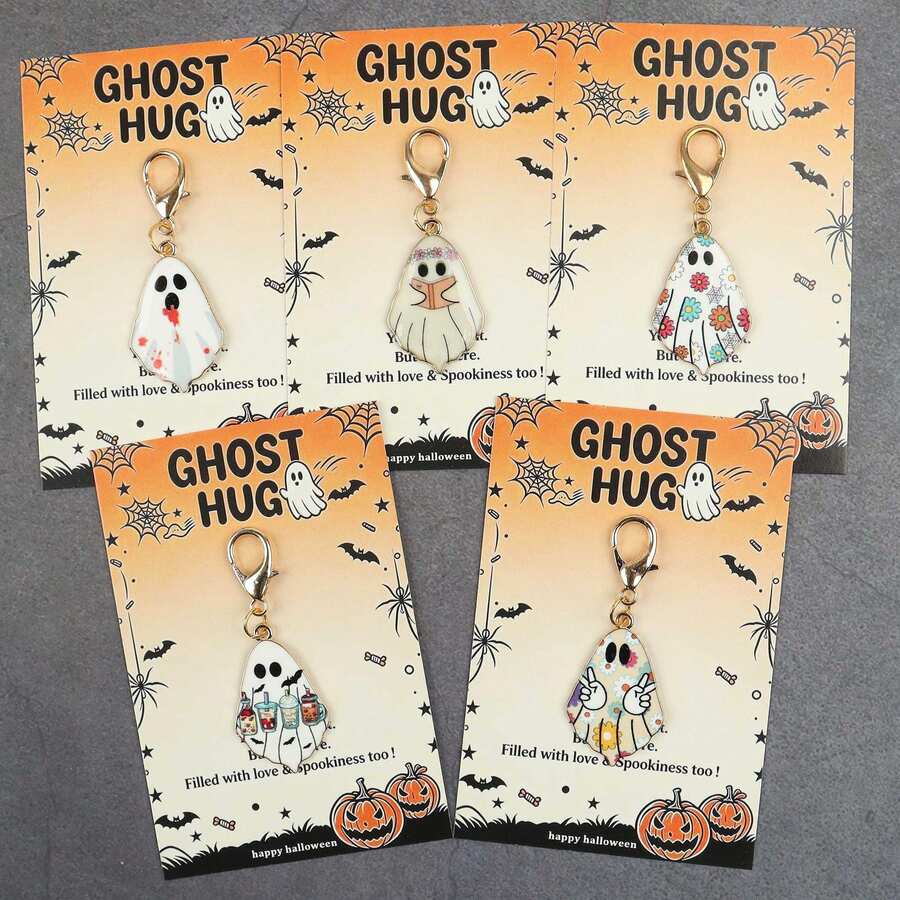 5pcs/10pcs Halloween Ghost Enamel Keychain Charms, Ghost Hug Pendant With Greeting Card, Spooky Bag Charm Holiday Gift - Multicolor - View 1