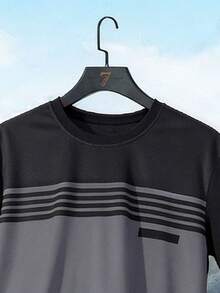 New Summer Men's Sports T-Shirt | Black & Grey Color Block Stripes, Loose Fit | Breathable & Comfortable, Versatile For Running - Grey - View 4