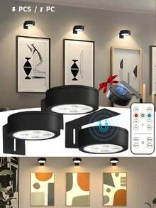 Picture Light With Remote Control, Battery-Powered, Wireless LED Painting Light, Adjustable Dimming And Timing Functions, 3 Lighting Modes, Metal Art Light, Art Display Light Suitable For Picture Frames, Artworks And Portraits, Wall Decoration Round Light,150mAh Remote Control. - Round Wall Lamp - View 2