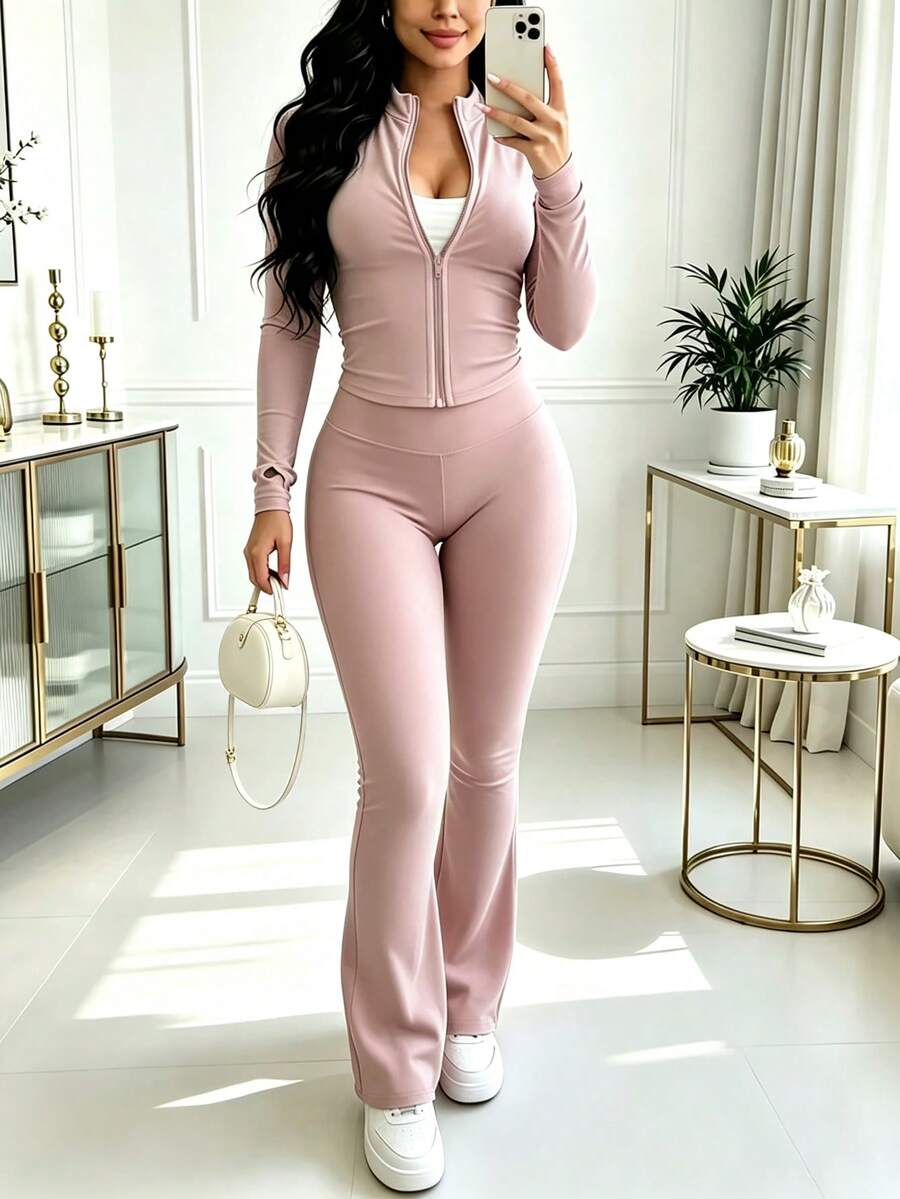 Spring/Autumn Best-Selling Women's 2 Pieces Set, Fashion Slim Fit Solid Color Zip-Up Jacket And Long Pants, Polyester Fitness Yoga Fabric Elegant - Light Pink 156 - View 1